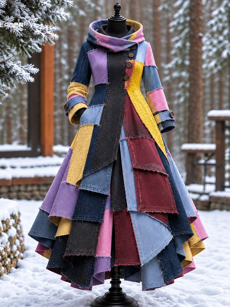 Women’s Vintage High-Collar Asymmetrical Double-Layer Hem Long Maxi Coat